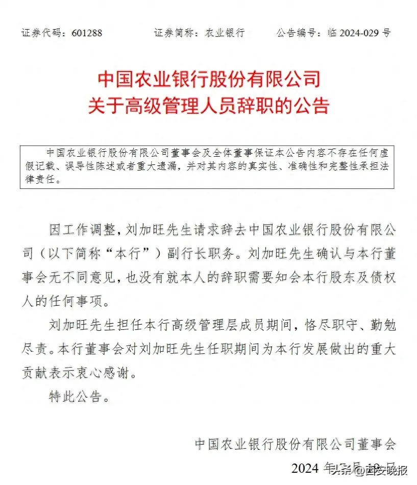 农业银行发布高管辞职公告  第1张